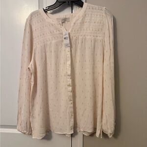 LOFT Cream Button-Front Blouse with Gold Dot Accents